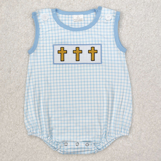 SR2505 Baby Infant Boys Blue Checkered Easter Cross Rompers D 3.6