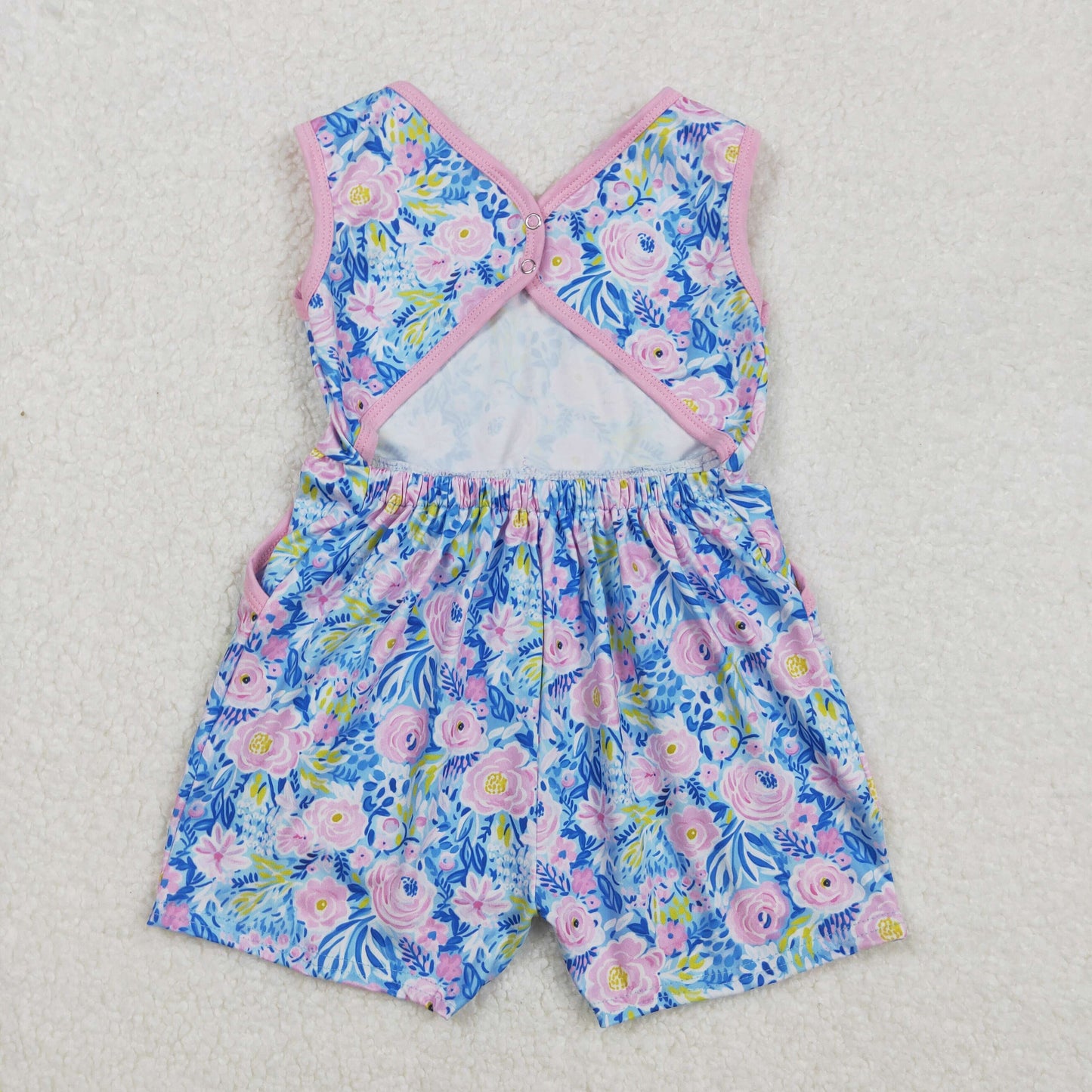 SR2521 Baby Girls Blue Pink Flowers Sleeveless Bows Shorts Jumpsuits