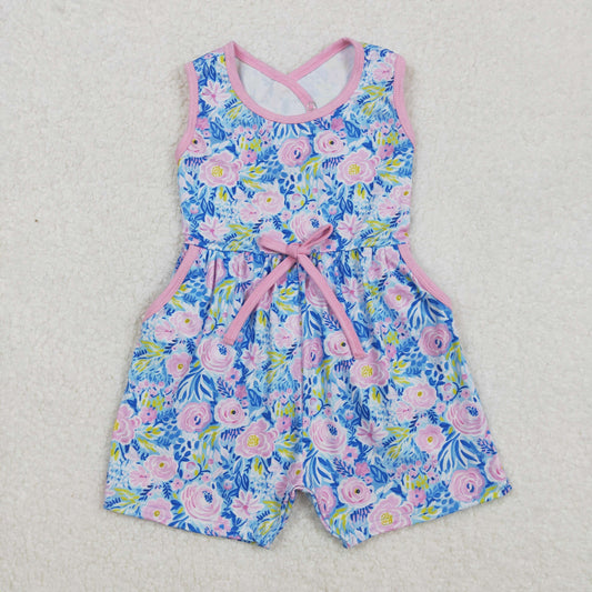 SR2521 Baby Girls Blue Pink Flowers Sleeveless Bows Shorts Jumpsuits