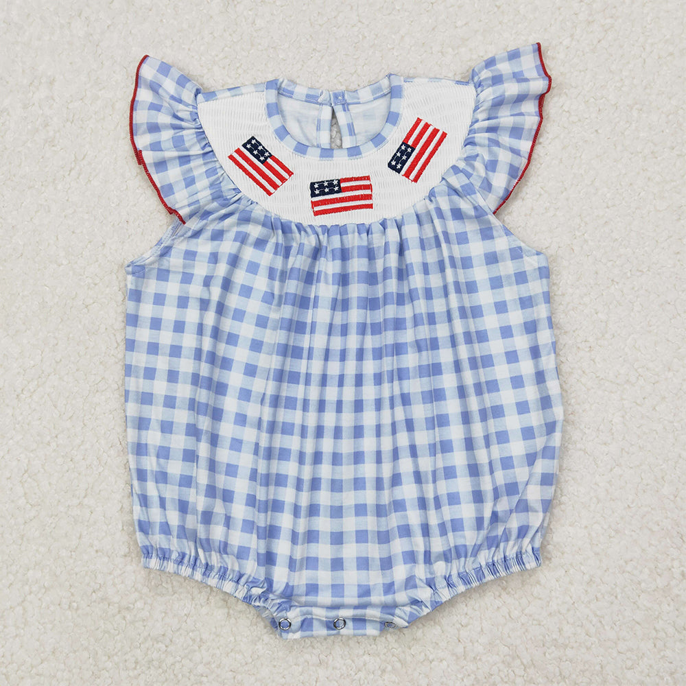 SR2571    Baby Infant Girls smocked 4th Of July Flags Sleeveless Rompers D 3.24