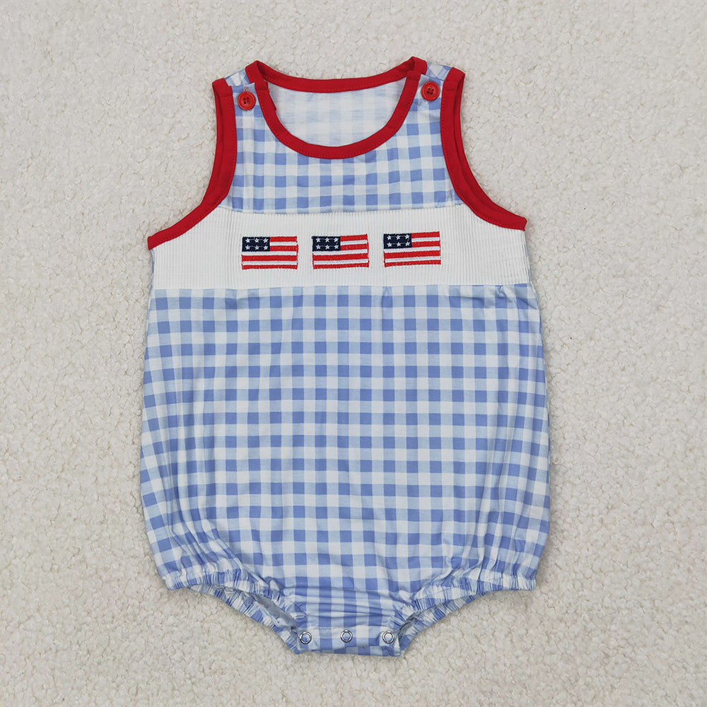SR2572 Flag Embroidery Blue Plaid Print Baby Boys 4th of July Smocked Bubble Romper  D 3.31