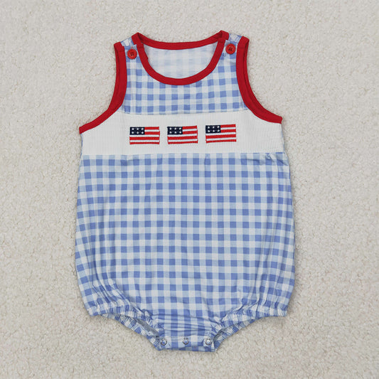 SR2572 Flag Embroidery Blue Plaid Print Baby Boys 4th of July Smocked Bubble Romper D 3.31