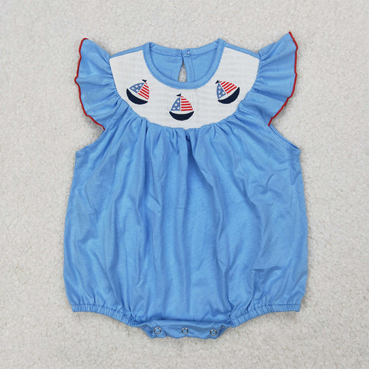 SR2573 Sailboat Flag Embroidery Blue Baby Girls 4th of July Smocked Bubble Romper D 3.31