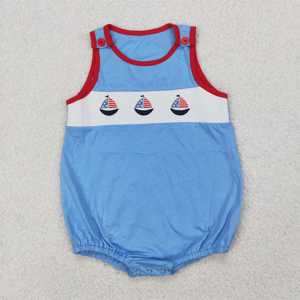 SR2574 smocked Baby Infant Boys 4th Of July Sailboats Sleeveless Rompers  D 3.31