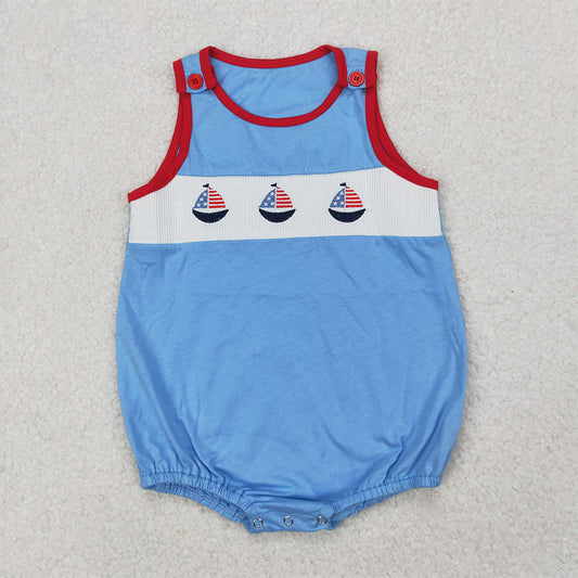 SR2574 smocked Baby Infant Boys 4th Of July Sailboats Sleeveless Rompers D 3.31