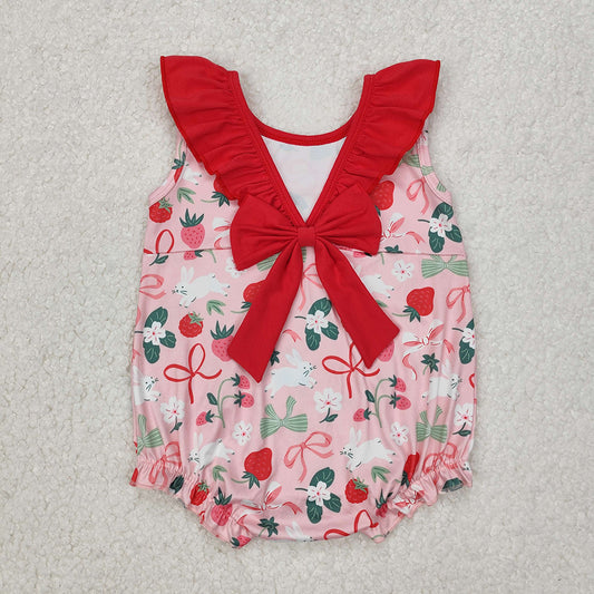 SR2582  Baby Infant Girls Strawberry Bows Sleeveless Rompers D 3.15