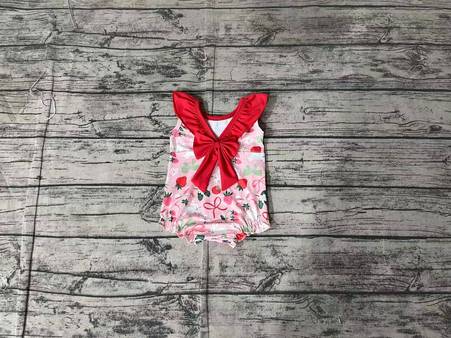 SR2582  Baby Infant Girls Strawberry Bows Sleeveless Rompers D 3.15