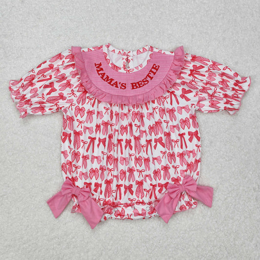 SR2620 Embroidered mama's bestie bow pattern pink and white short-sleeved bodysuit