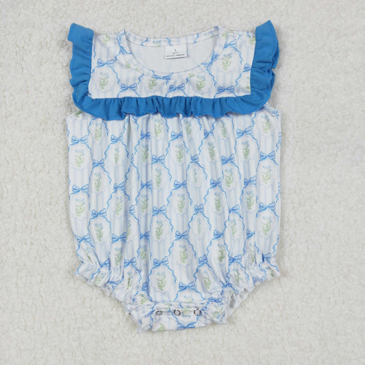 SR2648 Baby Infant Girls Blue Bows Flowers Rompers