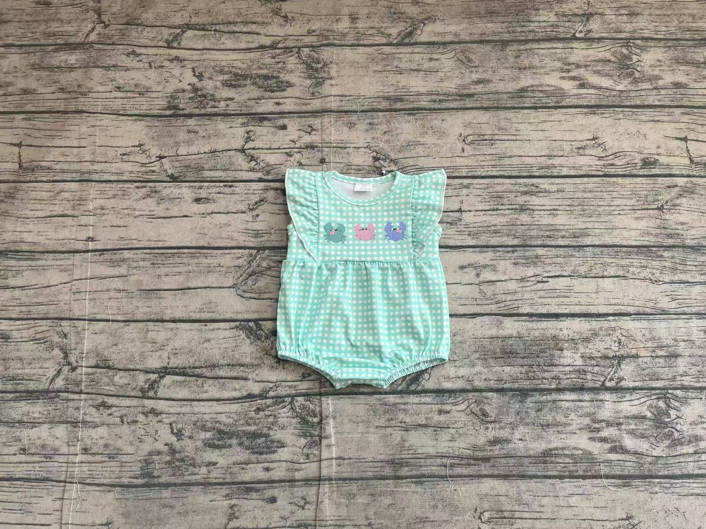 SR2659 Embroidery Baby Infant Girls Green Checkered Crabs Romper  D 3.31