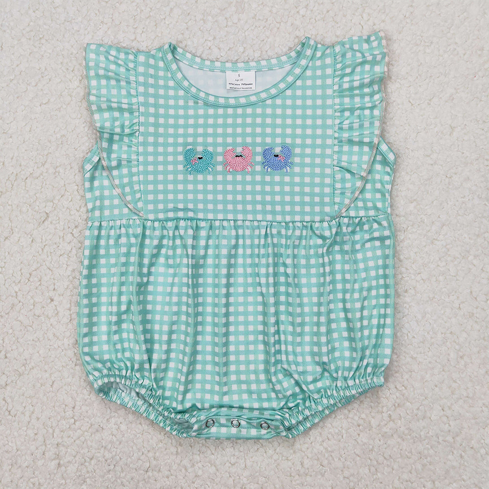 SR2659 Embroidery Baby Infant Girls Green Checkered Crabs Romper  D 3.31