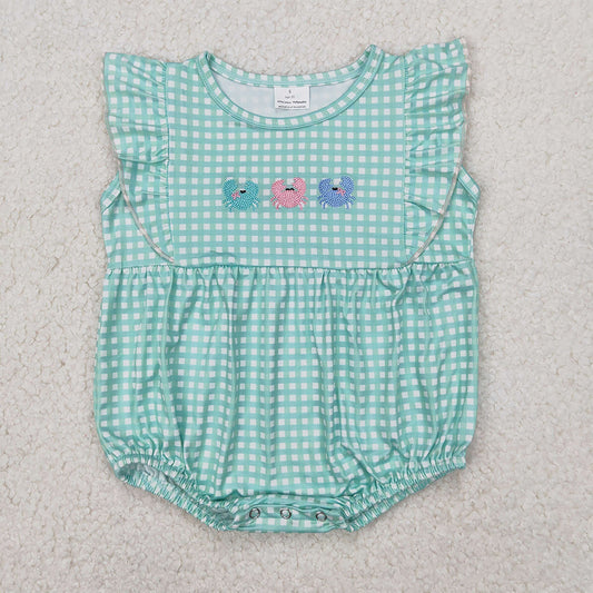 SR2659 Embroidery Baby Infant Girls Green Checkered Crabs Romper  D 3.31