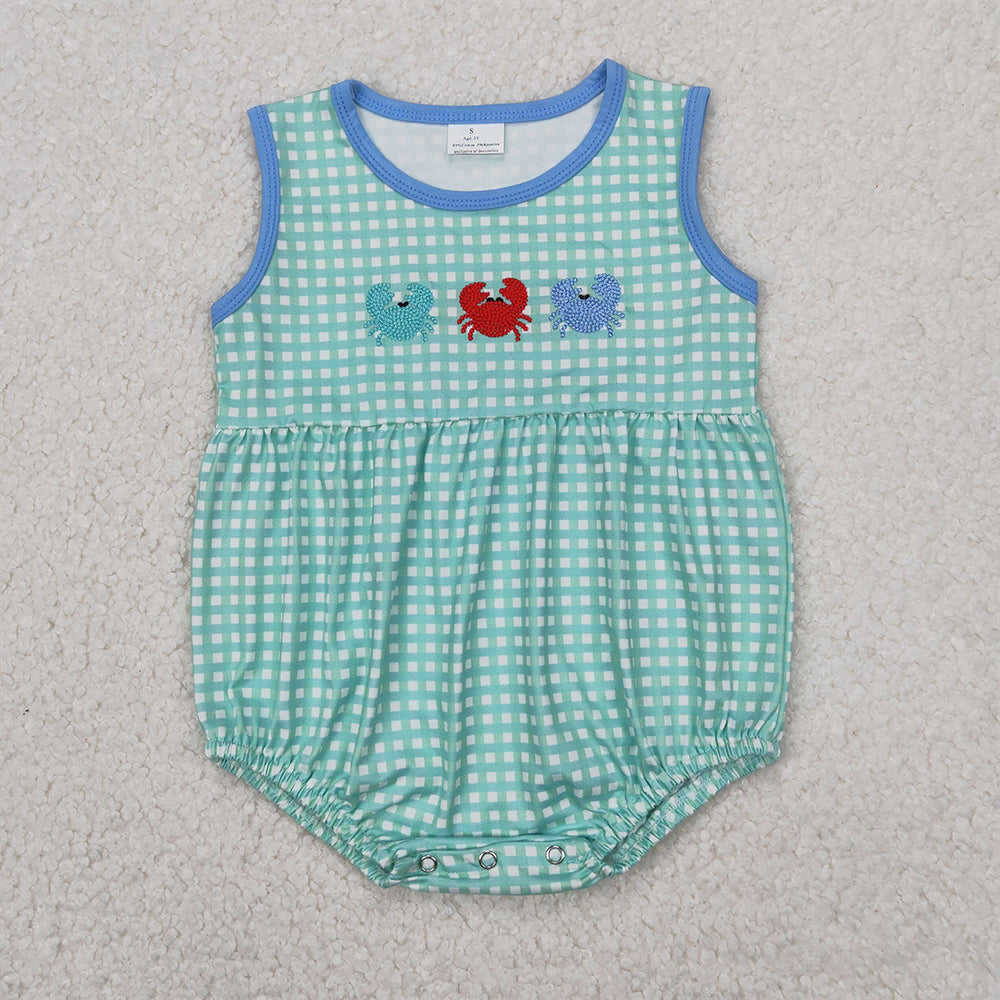 SR2660 Baby Infant Boys Green Checkered Crabs Rompers  D 3.31