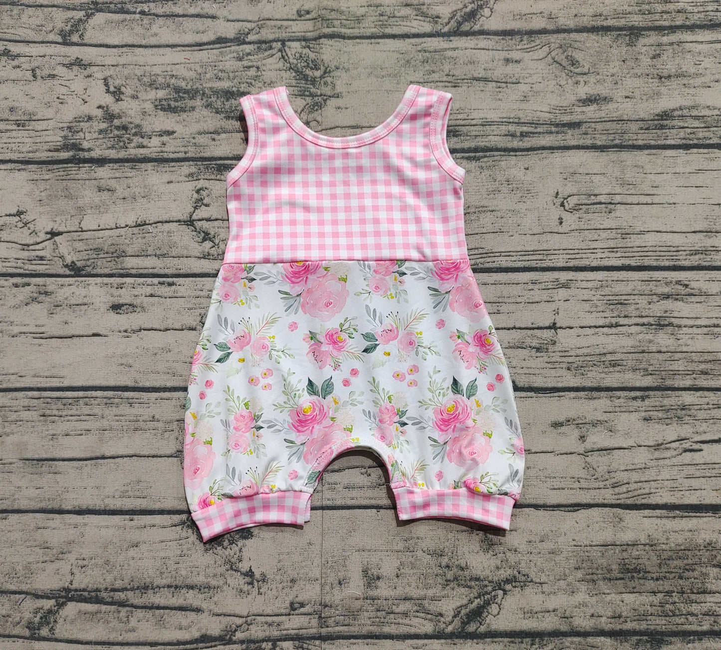 SR2678  Baby Infant Girls Pink Checkered Flowers Sleeveless Rompers D 3.22