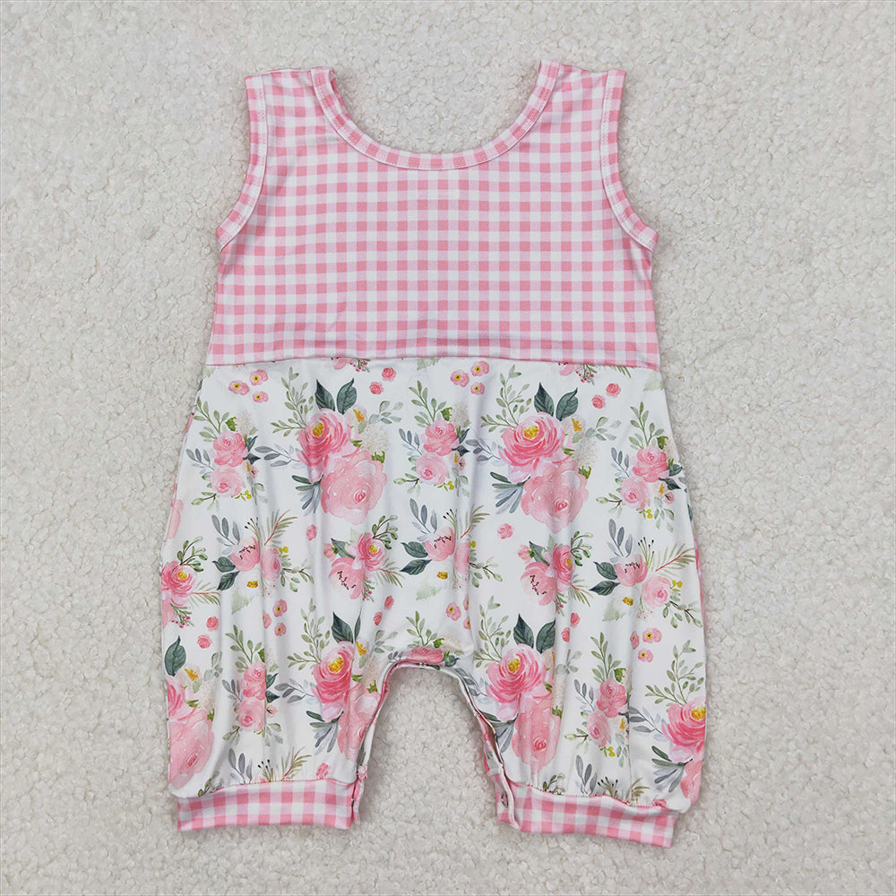 SR2678  Baby Infant Girls Pink Checkered Flowers Sleeveless Rompers D 3.22