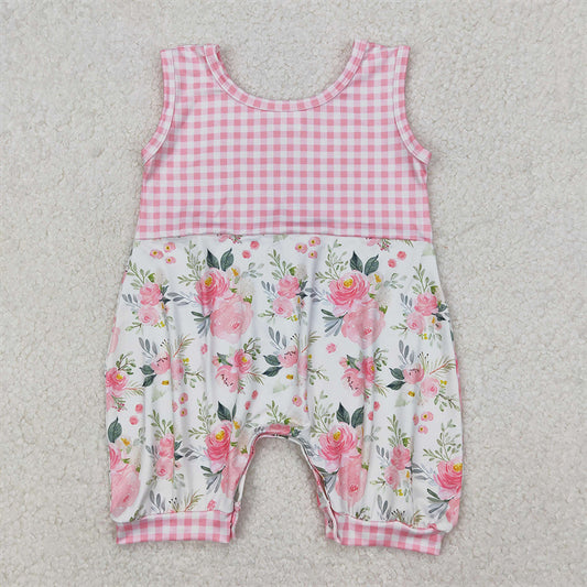 SR2678  Baby Infant Girls Pink Checkered Flowers Sleeveless Rompers D 3.22