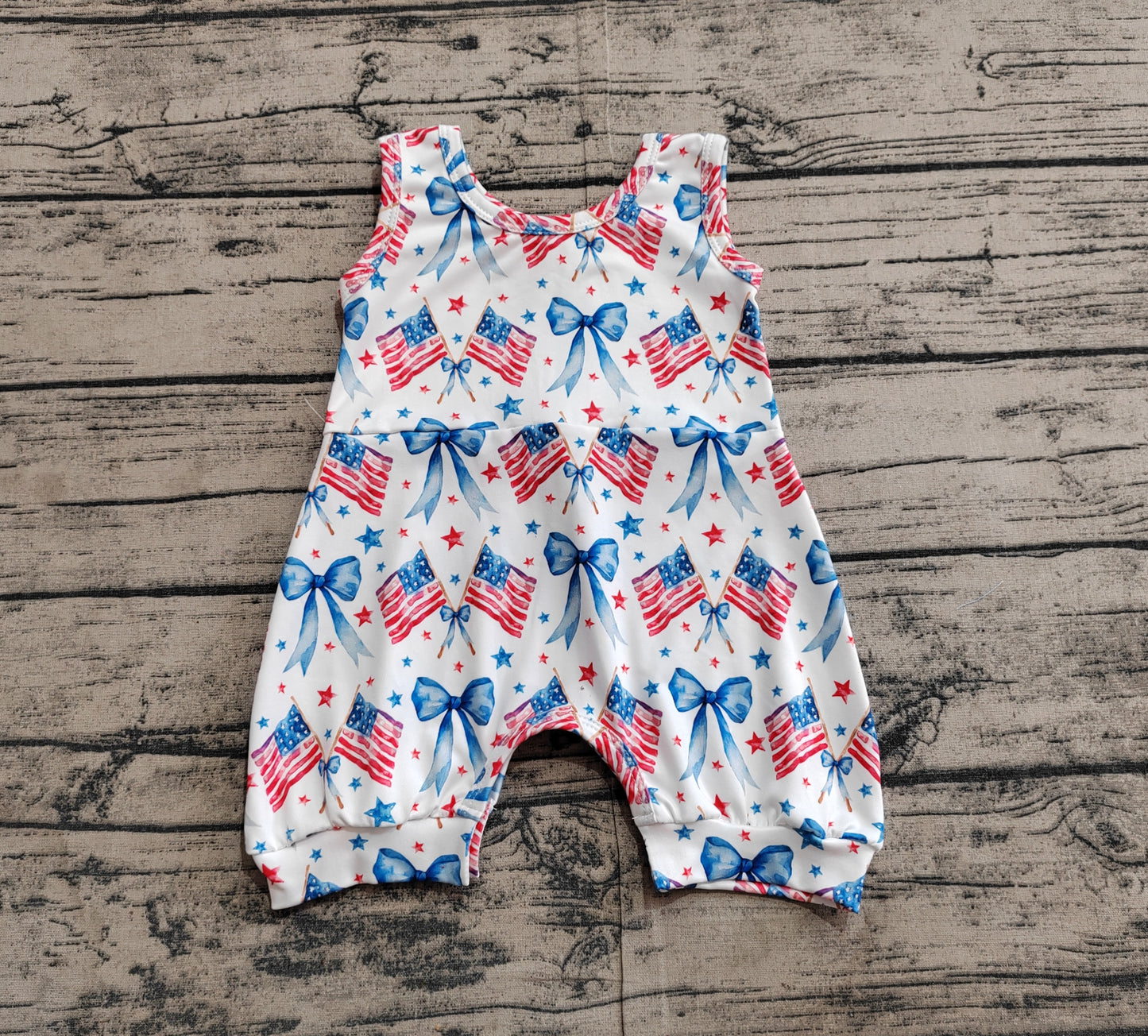 SR2681  Baby Infant Girls 4th Of July Bows Flags Sleeveless Rompers D 3.18