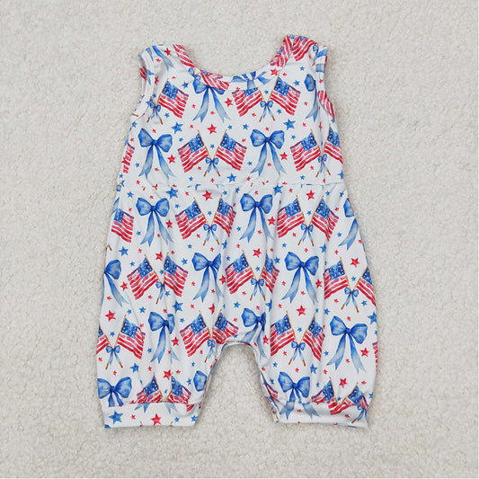 SR2681  Baby Infant Girls 4th Of July Bows Flags Sleeveless Rompers D 3.18