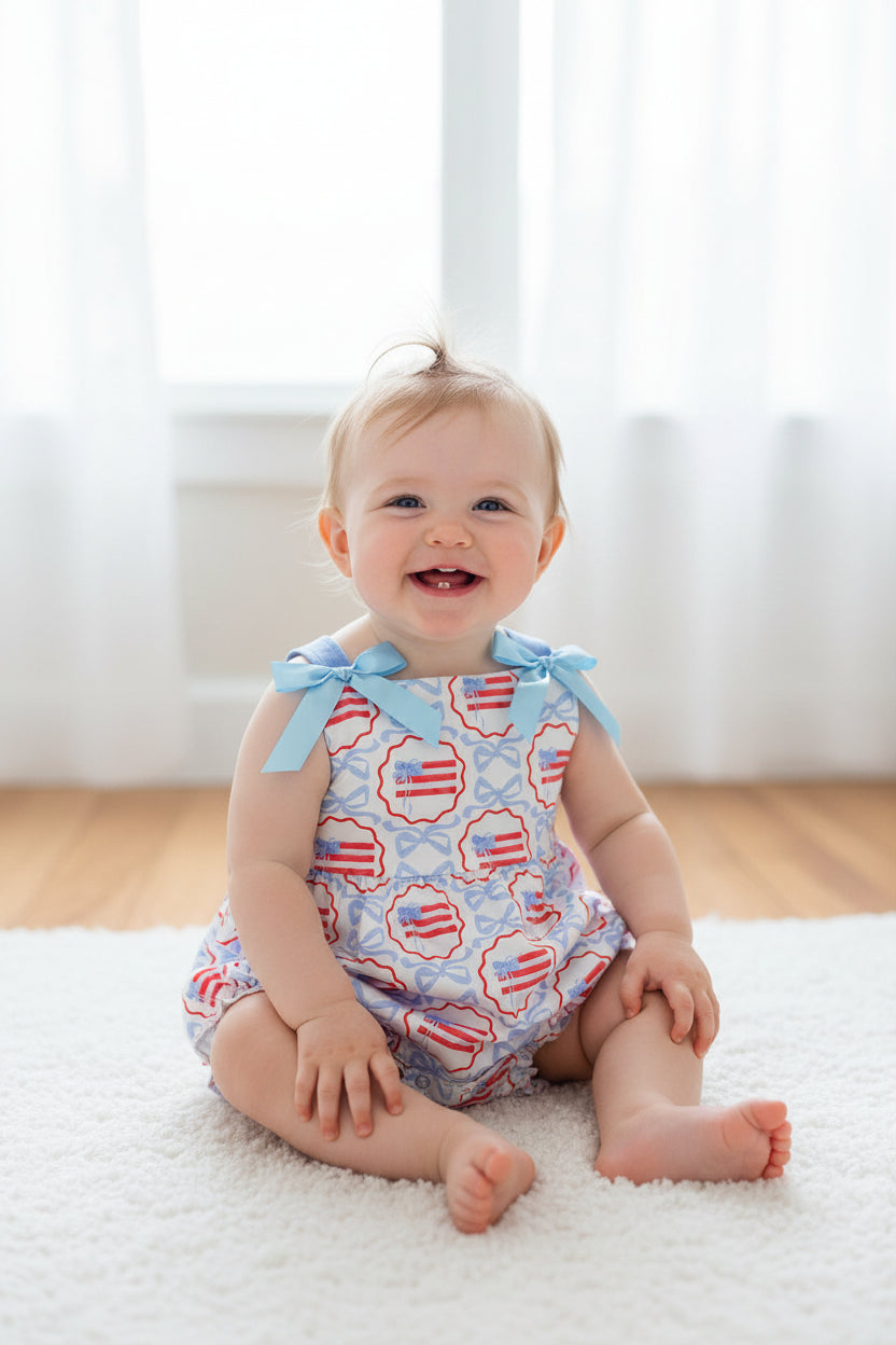 SR2691  Baby Infant Girls 4th of July Blue Bows Flag Strap Rompers