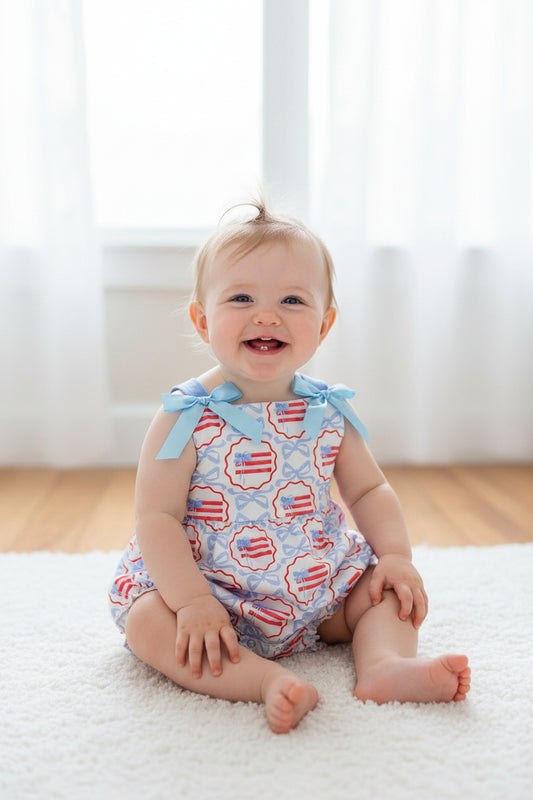 SR2691  Baby Infant Girls 4th of July Blue Bows Flag Strap Rompers