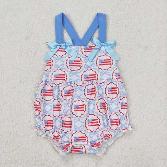 SR2691 Baby Infant Girls 4th of July Blue Bows Flag Straps Rompers D 3.18