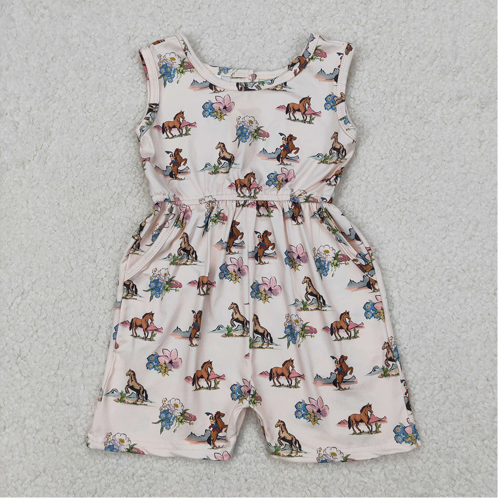 SR2695 Baby Girls Western Rodeo Horse Flowers Pockets Jumpsuits D 3.21