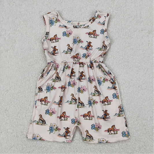 SR2695 Baby Girls Western Rodeo Horse Flowers Pockets Jumpsuits D 3.21