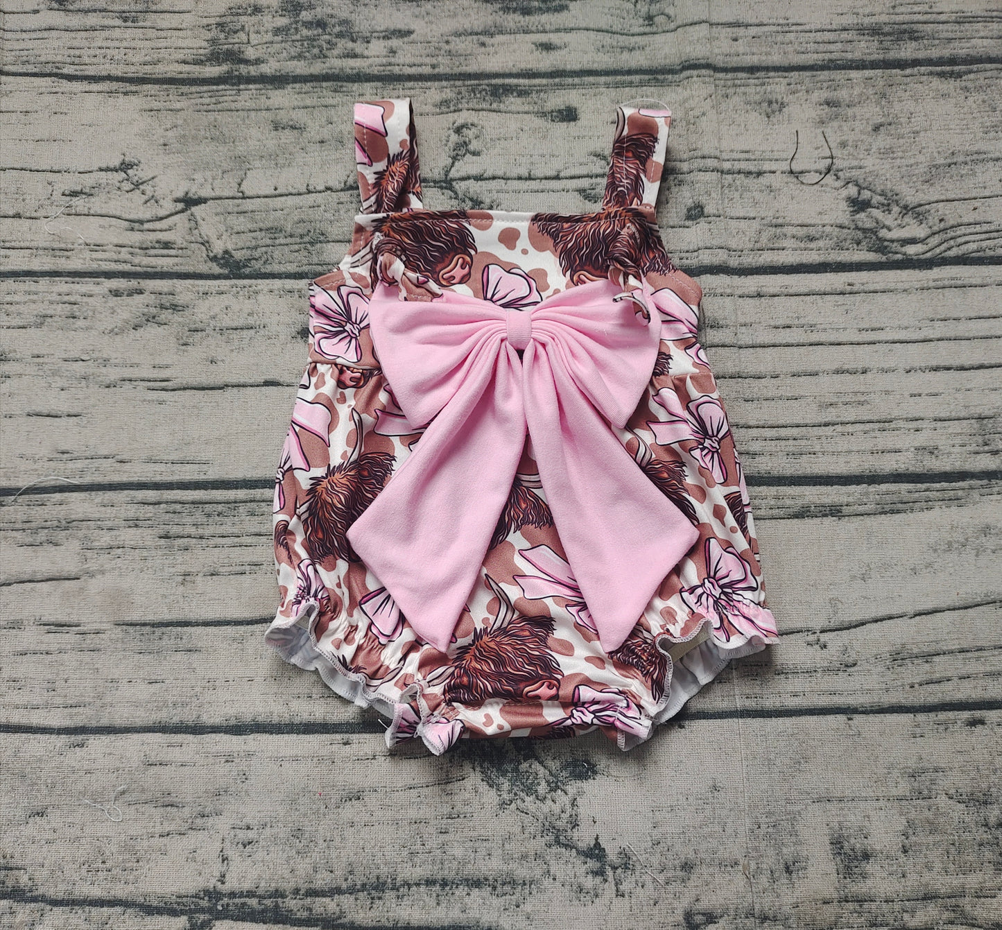 SR2697 Baby Infant Girls Bows Highland Cow Straps Romper   D 3.20