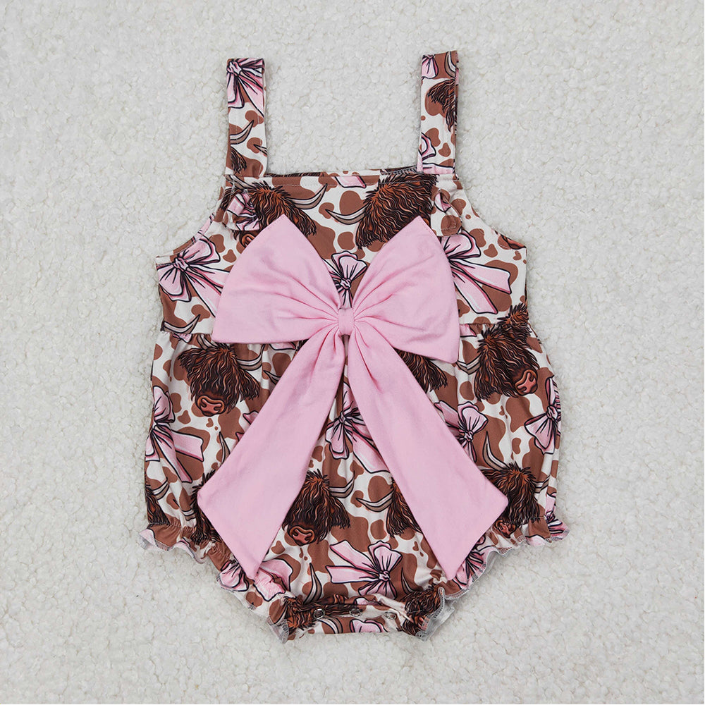 SR2697 Baby Infant Girls Bows Highland Cow Straps Romper   D 3.20