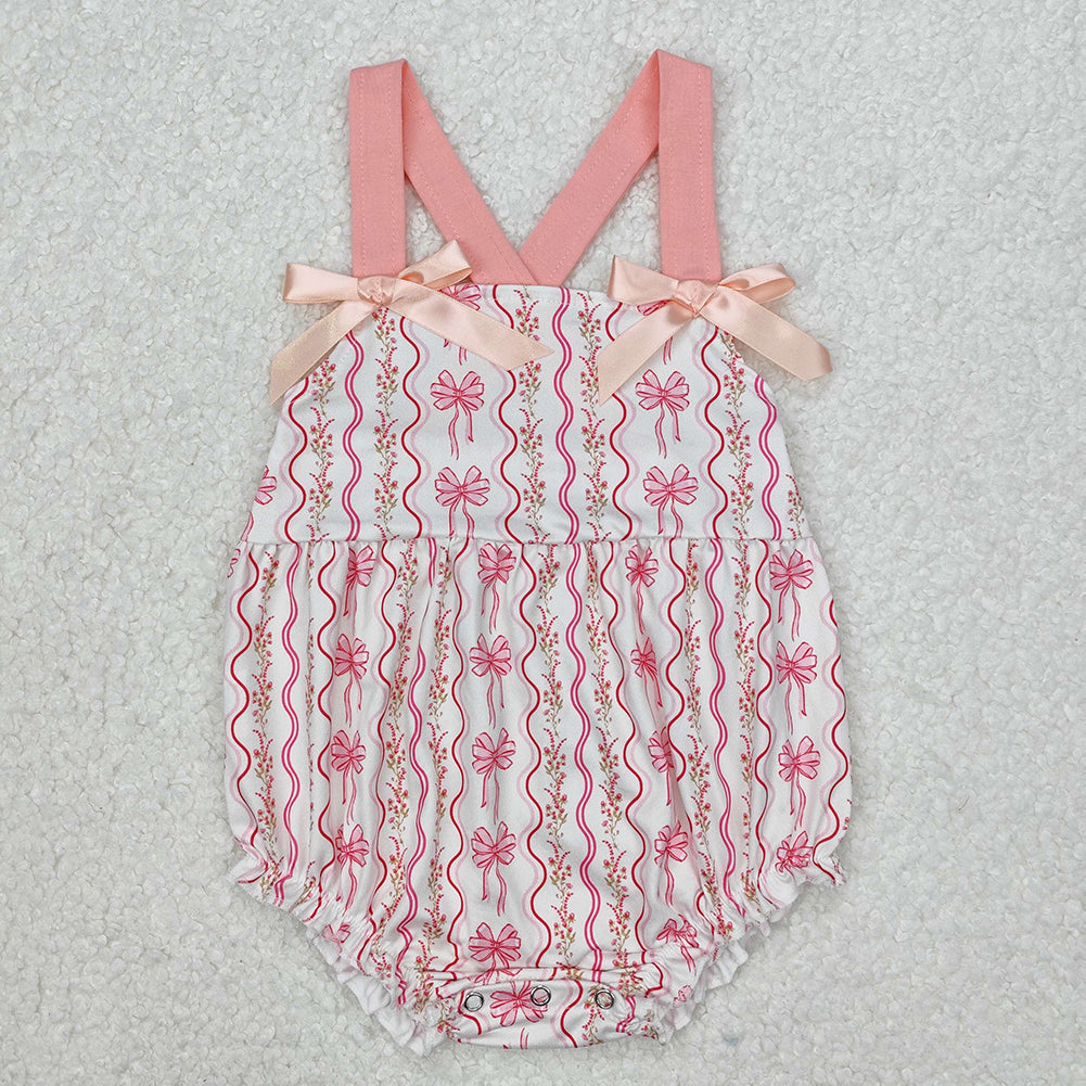 SR2704  Baby Infant Girls Pink Flowers Bows Straps Rompers  D 3.13