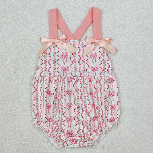 SR2704  Baby Infant Girls Pink Flowers Bows Straps Rompers  D 3.13