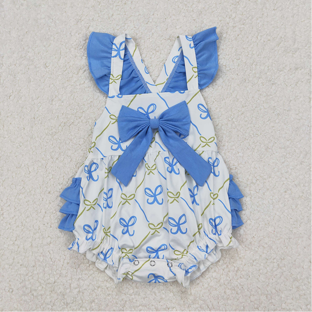 Match Baby Girls Blue Bows Rompers Outfits Sets  D 3.21