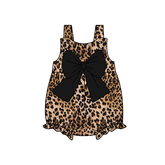 presale SR2739 Baby Infant Girls Black Leopard Bow Straps Rompers  D 2.8