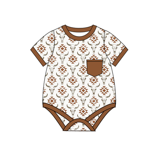 presale SR2744  Baby Infant Boys Western Aztec Cow Pocket Rompers D 2.11