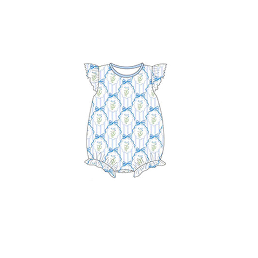 presale SR2755 Baby Infant Girls Blue Bows Flowers Flutter Sleeve Rompers D 2.13