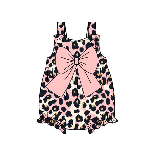 presale SR2757 Baby Infant Girls Pink Leopard Bow Straps Rompers D 2.13