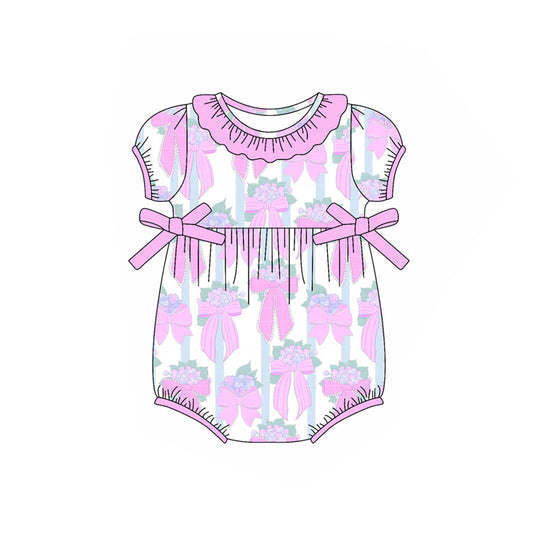 presale SR2759 Baby Infant Girls Pink Flowers Bows Short Sleeve Rompers D 2.13