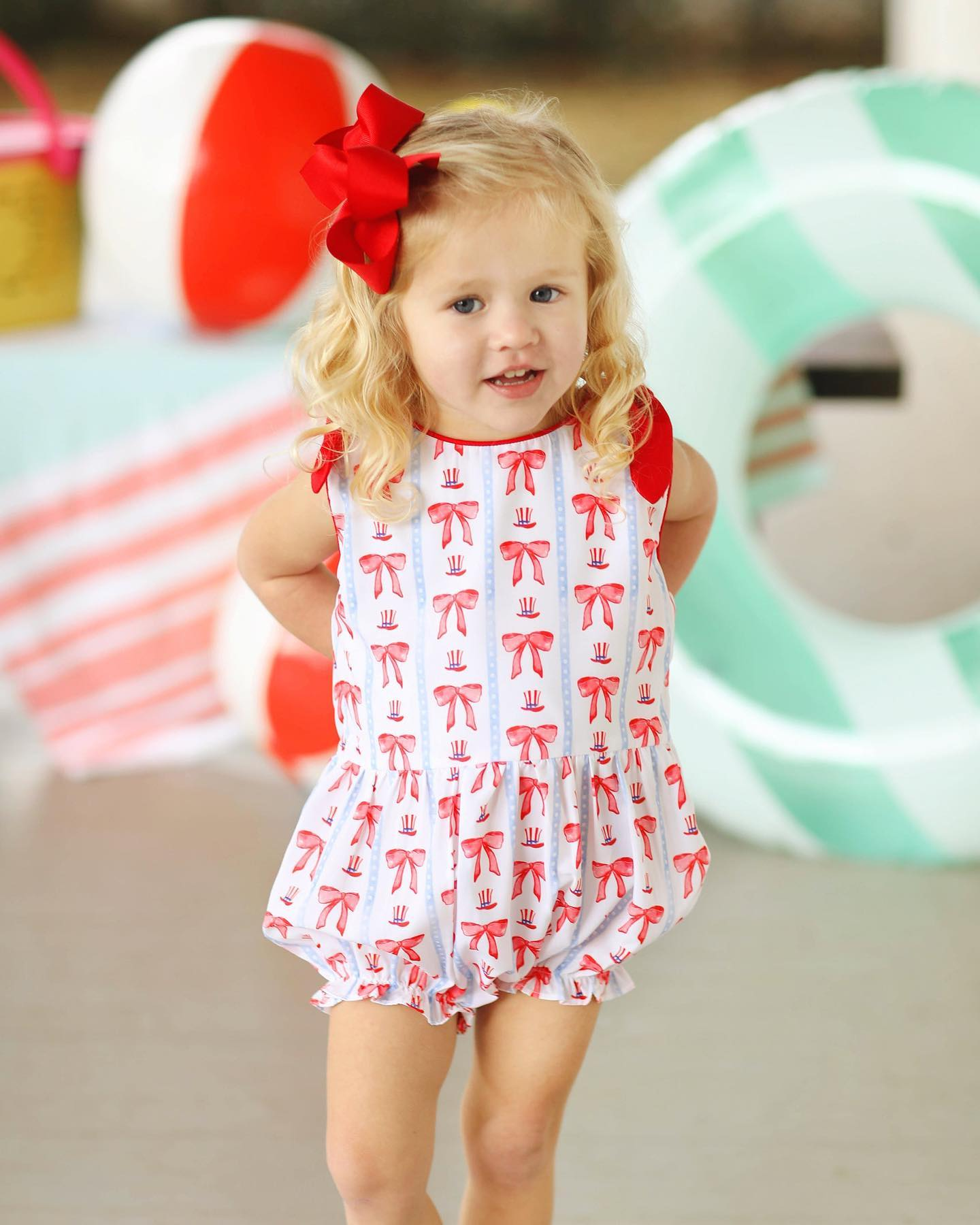 SR2765 Baby Infant Girls 4th Of July Red Bows Romper