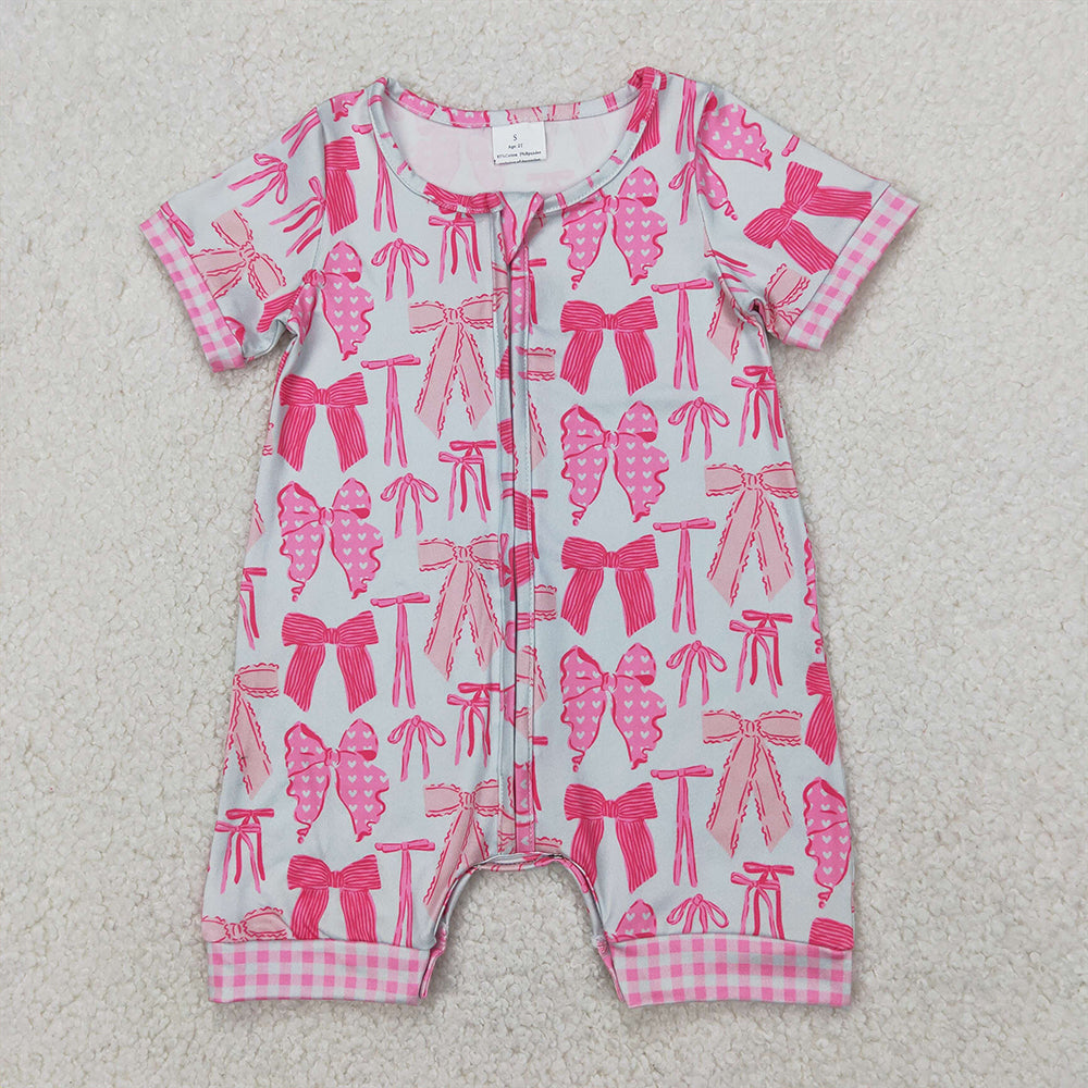 SR2771 Baby Infant Girls Pink Bows Zip Short Sleeve Rompers   D 3.31