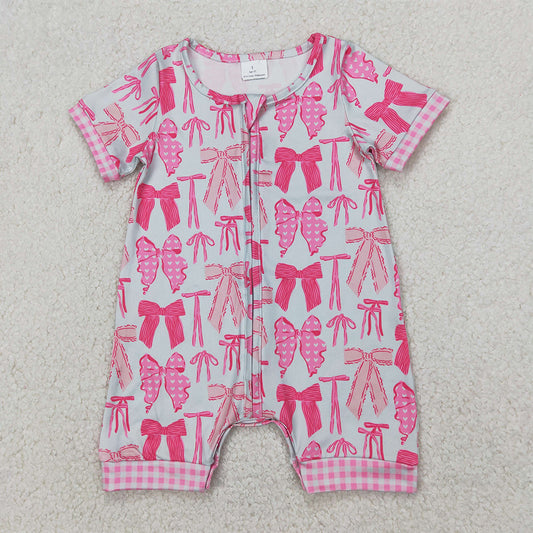 SR2771 Baby Infant Girls Pink Bows Zip Short Sleeve Rompers D 3.31