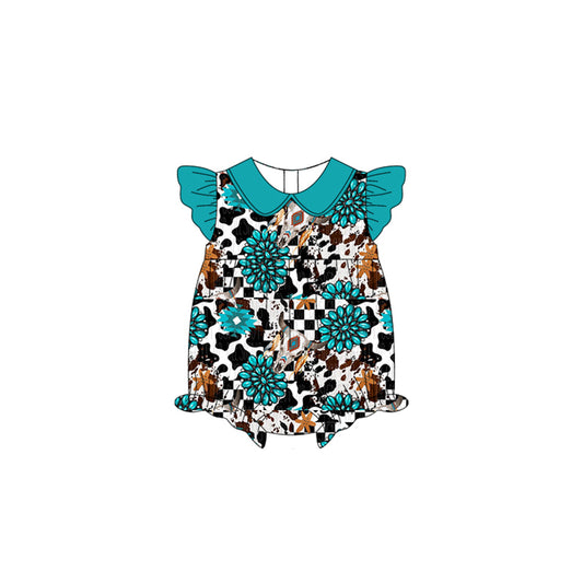 presale SR2774 Baby Infant Girls Turquoise Cow Flutter Sleeve Rompers D 2.14