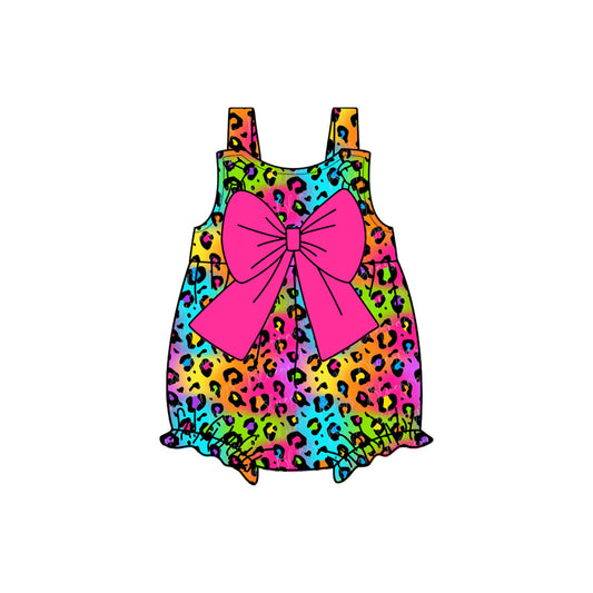 presale SR2775 Baby Infant Girls Pink Leopard Bow Straps Rompers D 2.14