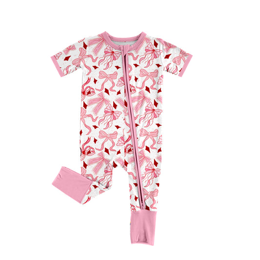 presale SR2790 Baby Infant Girls Pink Bows Zip Short Sleeve Rompers 2025 2.17