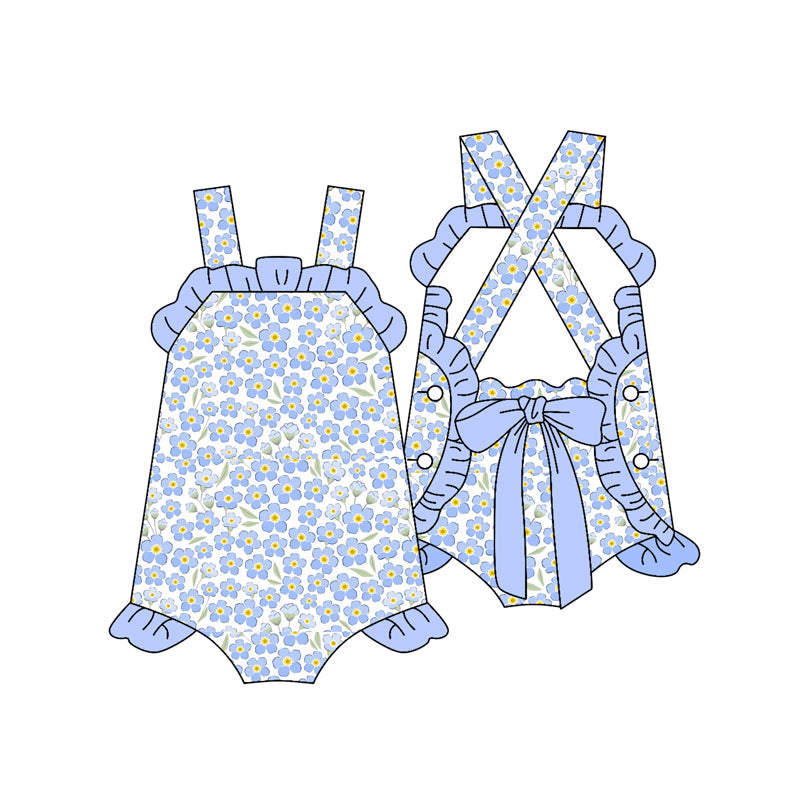 SR2791 Baby Infant Girls Blue Flowers Straps Rompers   D 3.27
