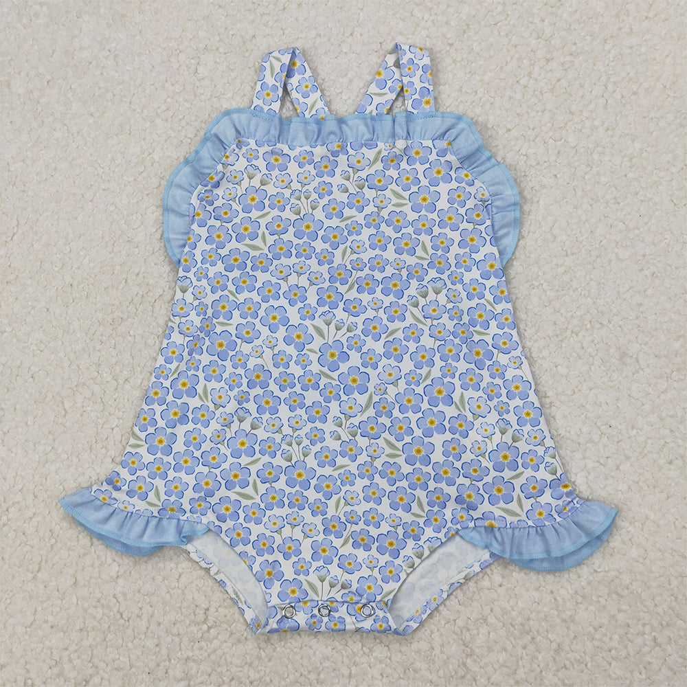 SR2791 Baby Infant Girls Blue Flowers Straps Rompers   D 3.27