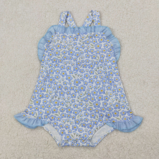 SR2791 Baby Infant Girls Blue Flowers Straps Rompers   D 3.27