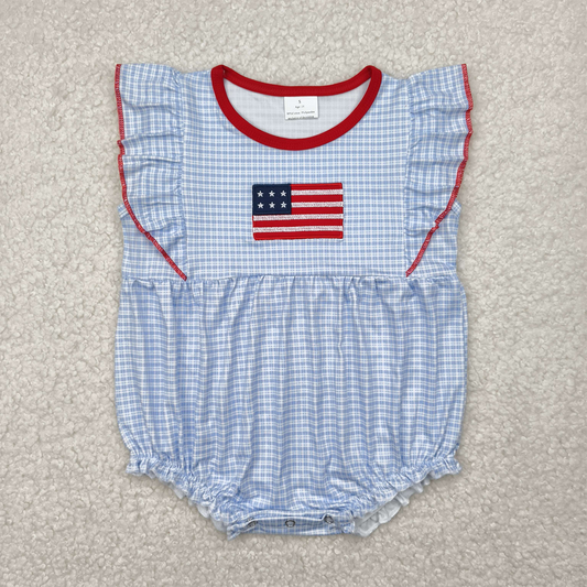 SR2817 Baby Infant Girls Blue Checkered Flag Rompers