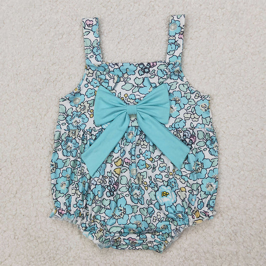 SR2829 Baby Infant Girls Blue Flowers Big Bow Rompers D 3.31