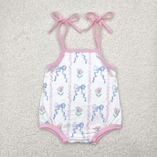 SR2858  Baby Infant Girls Blue Bows Flowers Straps Rompers D 4.21