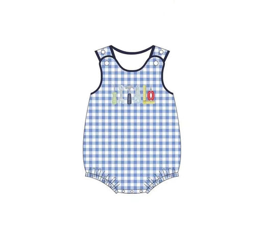 presale SR2877  Baby Infant Boys Blue Checkered Tools Sleeveless Rompers D 3.5
